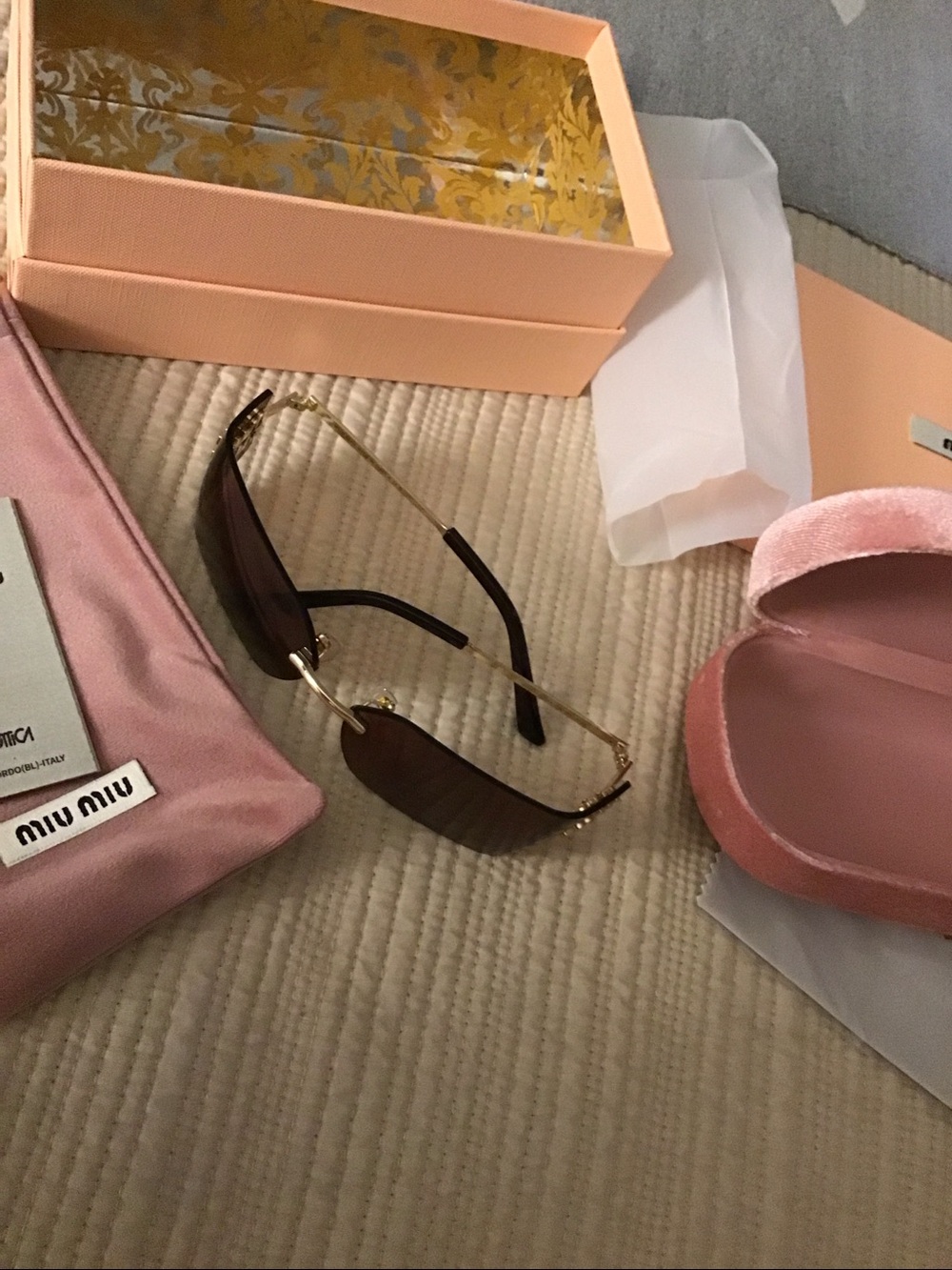 Authentic Miu Miu brown Rimless Shield Sunglasses with Gold Accents